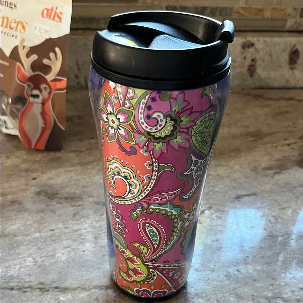 Vera Bradley Pink Orange Green Paisley Travel Tumbler with Black Lid